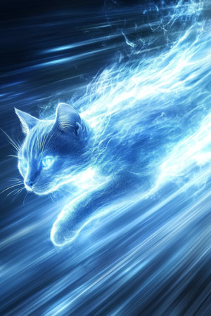 Striking Blue Holographic Cat Seamlessly Gliding Through Digital Space, Modern Tech Illustrationの素材