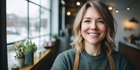Smiling hairdresser, circa her. Successful hairdresser stands confidently smiling by a windowの素材