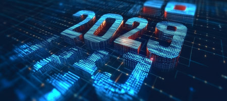 Glowing Blue Digital Abstract Background With Big 3D Numbers 2029, Rendering, 3D Illustrationの素材