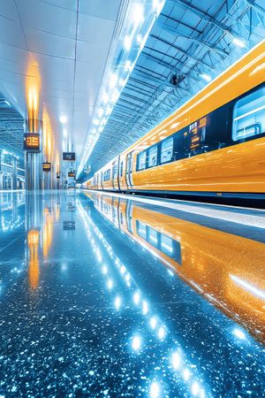 Empty Modern Subway Station with Train and Platform, Minimalist Design with Bright Overhead Lightingの素材