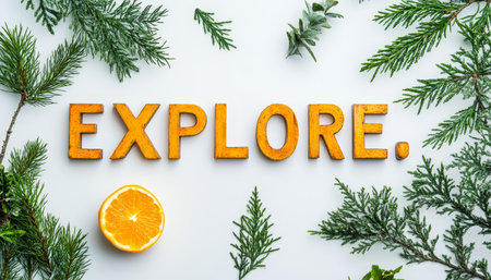 Explore Word Made of Wooden Letters Amidst Festive Greenery and Citrus, White Backgroundの素材