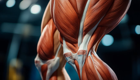 Human Leg Muscles, Anatomical Model Dynamic Pose, Vibrant Detail on a Dark Backgroundの素材