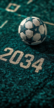 Soccer ball on green field with 2034 background for championships, tournaments, news.の素材