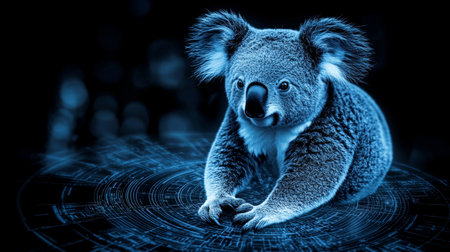 Blue Holographic Koala in Digital Space, Representing Modern Technology, Innovation, and the Future.の素材
