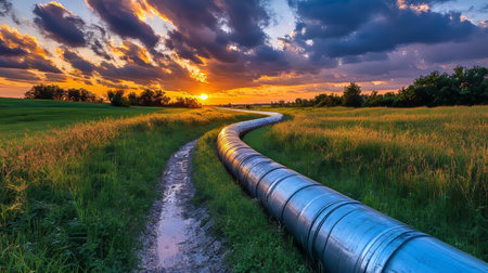 Sunset Over Pipeline, Energy Infrastructure, Petroleum Transport System In Rural Landscapeの素材