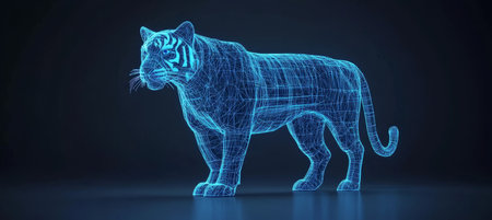Holographic Tiger Silhouette on a Dark Background Digital Rendering of Wildlife and Technologyの素材