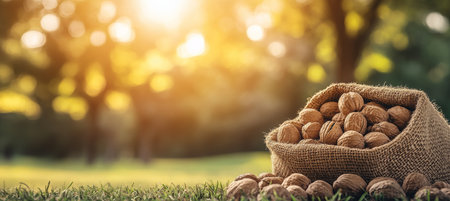 Fresh Walnuts in Burlap Sack, Harvest Time, Autumnal Abundance. Food, Nutrition, Healthy Eatingの素材