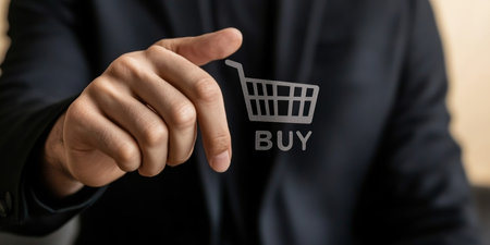 Businessman In Suit Pressing Virtual Buy Button, Online Shopping And E-Commerce Conceptの素材