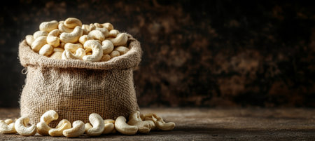 Organic Cashew Nuts in Burlap Sack Healthy Snack on Rustic Background with Copy Spacの素材