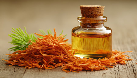 Cedarwood Essential Oil, Shavings, and Pine Branches on Rustic Wood, Aromatherapy Concept.の素材