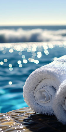 Relaxation by the Pool Close-Up of Soft White Towels With Ocean View, Vacation Conceptの素材