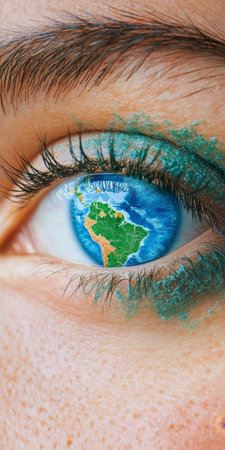 World Map Reflected In Eye, Emphasizing The Importance Of Global Vision And Eye Healthの素材