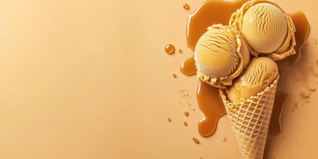 Caramel Swirl Ice Cream Scoops in Waffle Cone on Golden Brown Background, Sweet Dessert Treatの素材