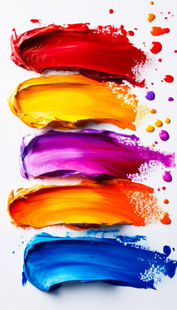 Five Vibrant Oil Paint Brushstrokes on White Background, Colorful Art Material Design Elementの素材