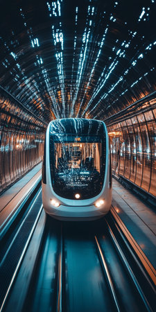 Fast train travelling through futuristic tunnel with blurred lights, modern transportation.の素材