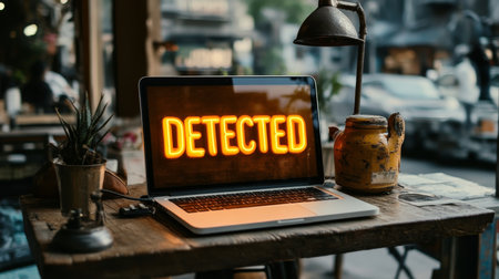 Laptop With Neon Detected Sign, Security, Privacy Breach, or Cybersecurity Threat Conceptの素材