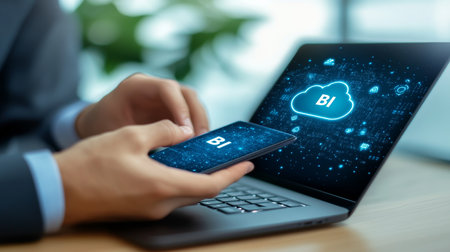 Businessman Accessing Cloud-Based Business Intelligence, BI, Software on Mobile Deviceの素材