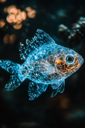 Holographic Aquatic Wonder A Futuristic Blue Fish Glides Through the Depths of Digital Spaceの素材