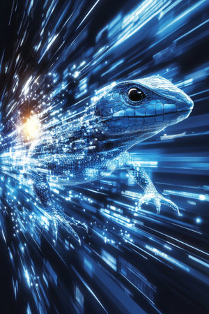 Futuristic Blue Holographic Lizard in Digital Space, Modern Technology and Innovation Conceptの素材