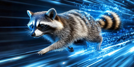 Raccoon Runs Through Glowing Lines in Digital Space, Representing Fast and Reliable Internet.の素材