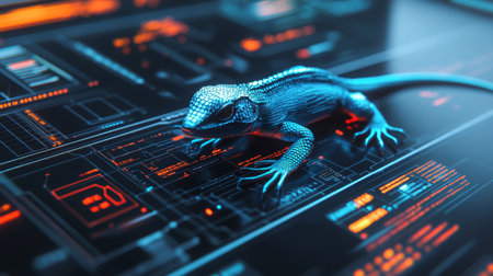 Blue Holographic Lizard Navigating Digital Terrain, Modern Technology and Futuristic Conceptの素材