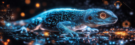 Blue Holographic Lizard in Digital Reality A Striking Visualization of Modern Technologyの素材