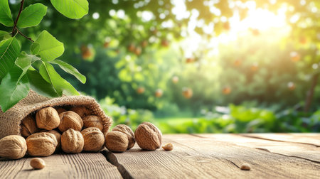 Freshly Harvested Walnuts in a Rustic Burlap Sack on a Wooden Table, Walnut Orchard Backgroundの素材