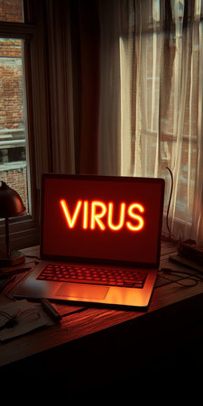Laptop Computer Displaying Neon Virus Text On Screen, Cyber Security And Online Threat Conceptの素材