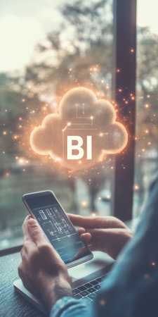 Businessman Accessing Cloud-Based Business Intelligence Software on Mobile, Glowing, Concept.の素材