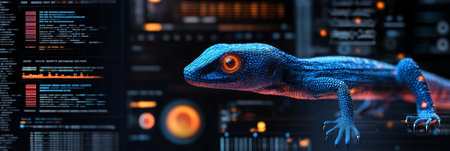 Blue Holographic Lizard Immersed in Digital Code, Representing Modern Technology and Innovation.の素材