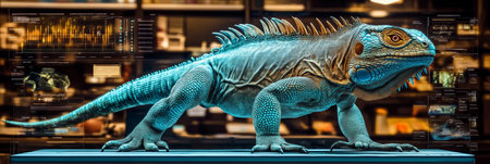 Striking Holographic Blue Lizard Display Fusing Nature, Technology, and Futuristic Visuals.の素材