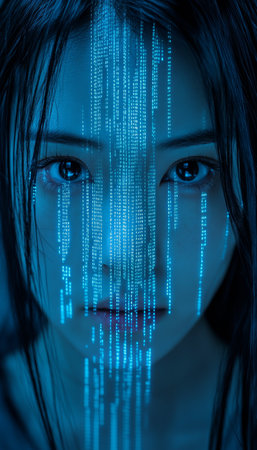 Woman Immersed In Digital Code A Portrait Of Cyber Security, Programming, And The Digital Worldの素材