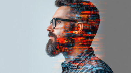 Digital Mind, Man With Binary Code Overlay - Concept of Programming, Technology, and AIの素材