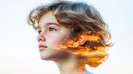The Wonder of a Child Double Exposure Portrait with a Dreamlike, Golden Sunset Landscapeの素材
