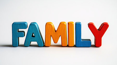 Colorful Wooden Letters Spelling Out FAMILY on a White Background, Concept of Love and Unityの素材