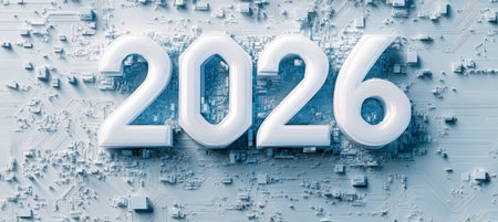 Futuristic Numbers 2026 on Digital Technology Circuit Board Background in Light White Colorsの素材