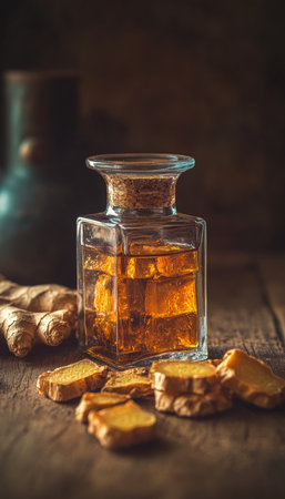Aromatic Ginger Essential Oil in Glass Bottle, Fresh and Dried Ginger Root on Rustic Wooden Tableの素材