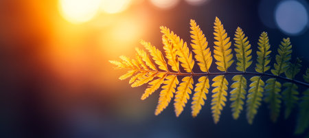 Single illuminated fern leaf against a blurred, tranquil nature background at golden hour.の素材