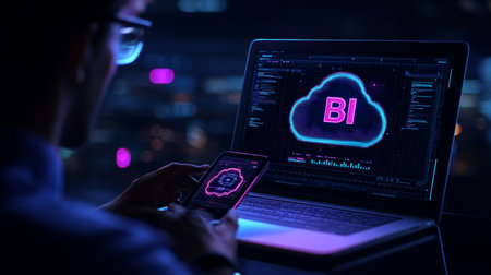 Businessman Analyzing Business Intelligence Data on Mobile, Futuristic Technology Conceptの素材