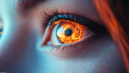 Woman s Eye with Futuristic Illumination A Glimpse into the Ethical Implications of AI.の素材