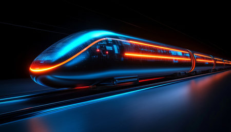 High-Speed Futuristic Transportation Sleek, Glowing Hyperloop Pod in Motion on a Track.の素材