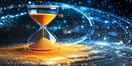 Hourglass With Flowing Golden Sand, Set Against a Celestial Backdrop of Stars and Cosmic Energyの素材