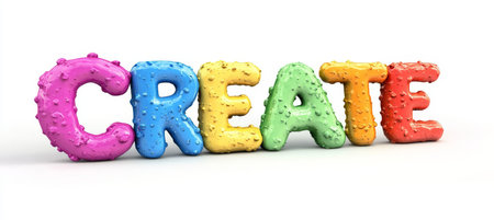 Colorful, Playful 3D Rendering of the Word CREATE in Bold, Vibrant Letters on White Backgroundの素材
