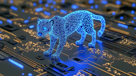 Holographic Cheetah Projection on Circuit Board, Symbolizing Technological Advancementの素材