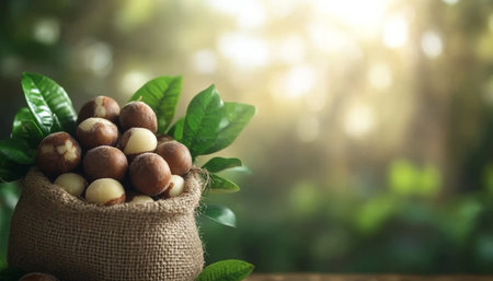 Macadamia Nuts in Burlap Sack on Wooden Surface, Green Nature Background with Copy Spaceの素材