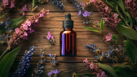 Clary Sage Essential Oil in Amber Bottle, Surrounded by Flowers on Rustic Wood, Aromatherapyの素材