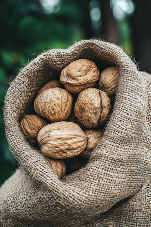 Freshly Harvested Walnuts Spilling From a Rustic Burlap Bag, Healthy Food and Autumn Harvest Conceptの素材