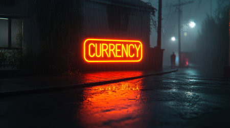 Neon Sign Currency - A glowing sign illuminates a deserted, atmospheric street at night.の素材