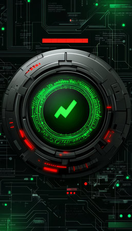 Neon Green Check Mark, Futuristic Digital Circuit Board, Technology, Success, Cybersecurityの素材