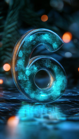 3D Number 6 in Futuristic Glowing Blue Style With Abstract Lights Effect, Digital Illustrationの素材